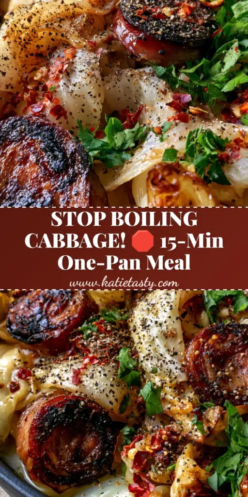 A rustic cast iron skillet filled with a southern cabbage and sausage recipe featuring charred sausage rounds and blistered cabbage ribbons.