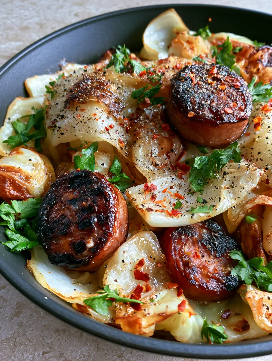 Macro close-up of seared smoked sausage rounds and caramelized cabbage ribbons. (cabbage and sausage recipe)