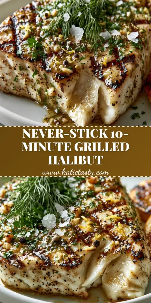 Grilled Halibut Recipe with Zesty Herb Butter and Charred Lemons 3 A thick, juicy grilled halibut steak on a white plate with deep cross-hatch grill marks, herb butter, and charred lemon slices. (grilled halibut recipe)