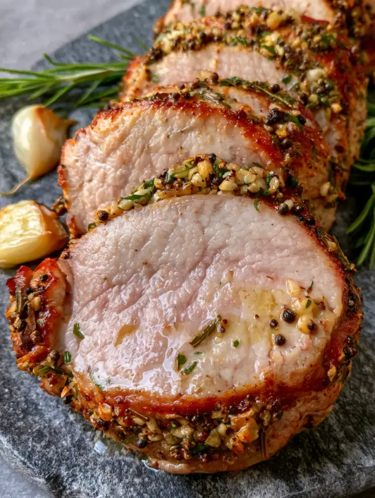 Roasted pork tenderloin in a cast iron skillet with whole roasted garlic and rosemary. (herb pork tenderloin)
