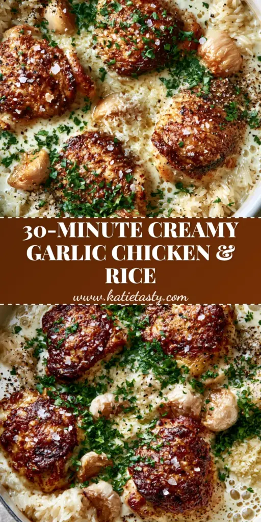 One Pot Chicken and Rice with Velvety Garlic Cream Sauce 4 Top down shot of one pot chicken and rice in a white Dutch oven with crispy thighs and creamy garlic rice.