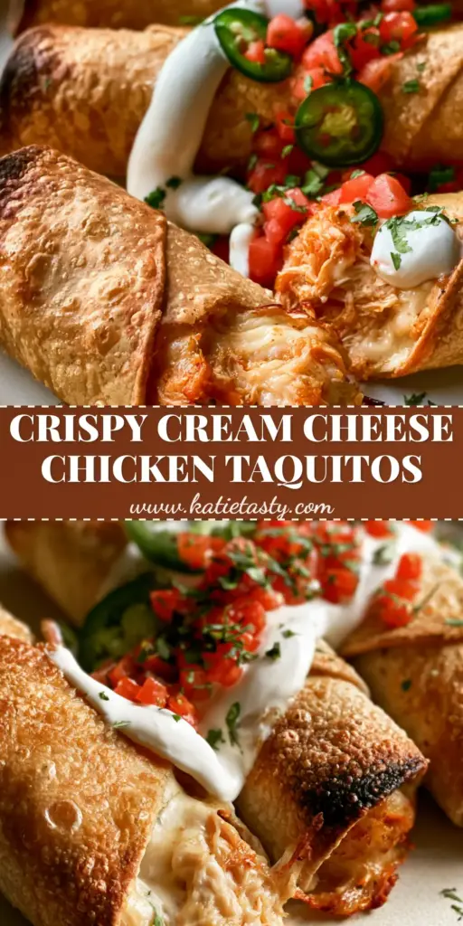 Baked Cream Cheese Chicken Taquitos: The Ultimate Extra Crispy Flour Tortilla Recipe 3 A close-up macro shot of four extra crispy Baked Cream Cheese Chicken Taquitos with scorched edges and a thick crema drizzle.