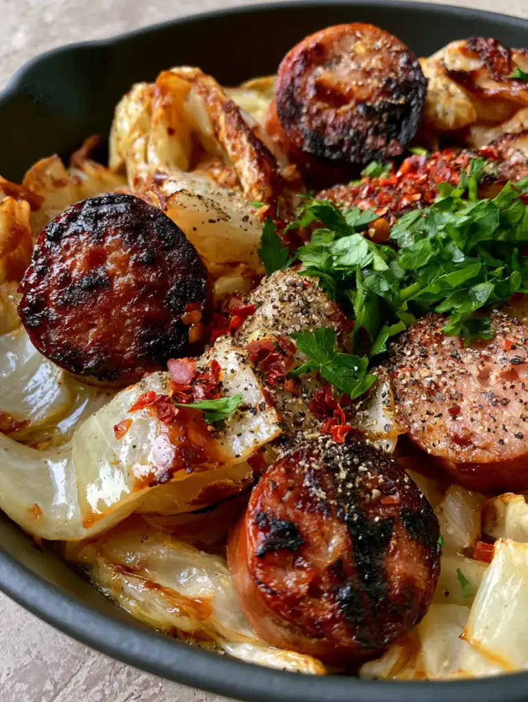 Tender green cabbage ribbons with blistered golden edges in a cast iron pan. (cabbage and sausage recipe)