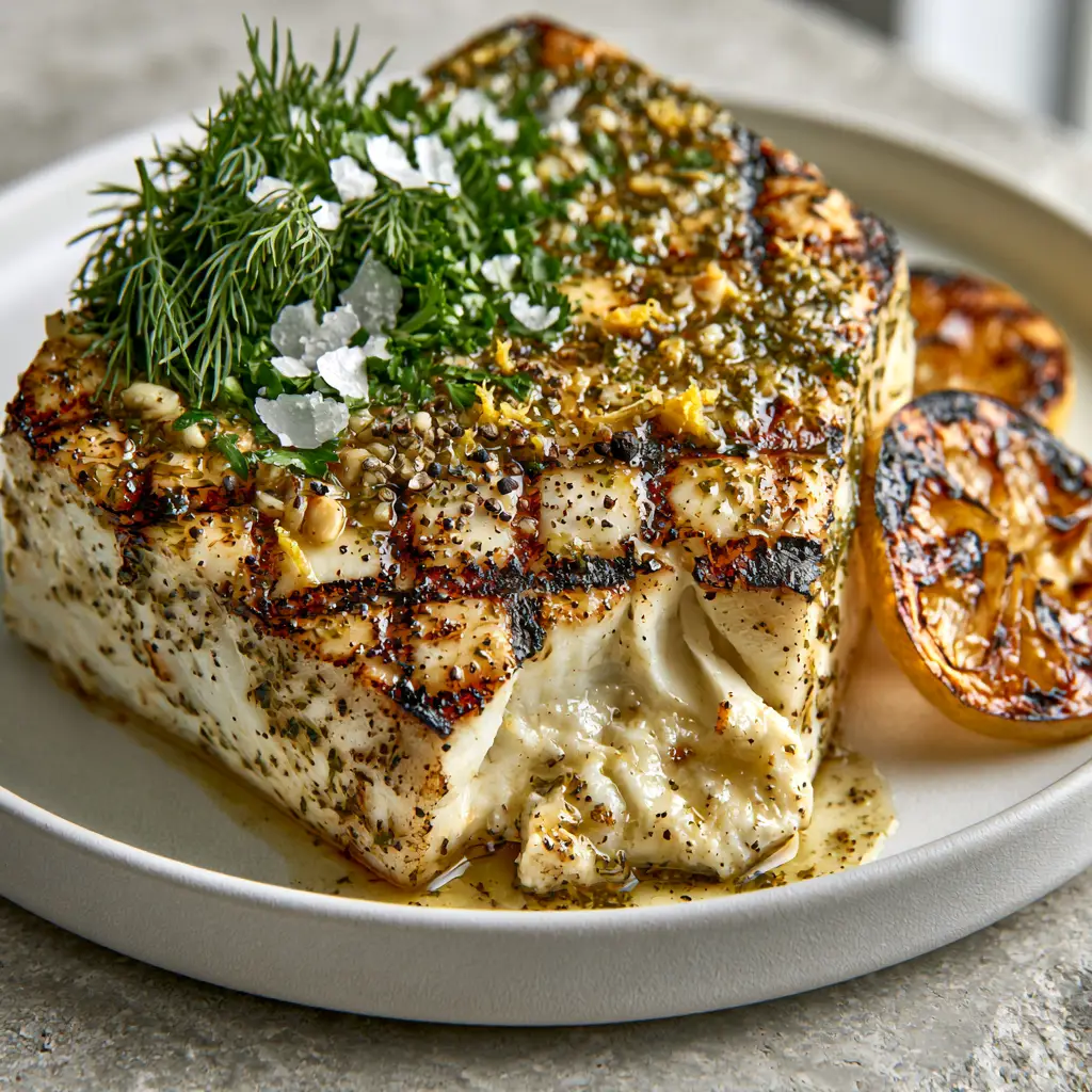 Grilled Halibut Recipe with Zesty Herb Butter and Charred Lemons 2 Top-down macro shot of a pearly white grilled halibut fillet with charred marks, lemon zest, and fresh dill. (grilled halibut recipe)