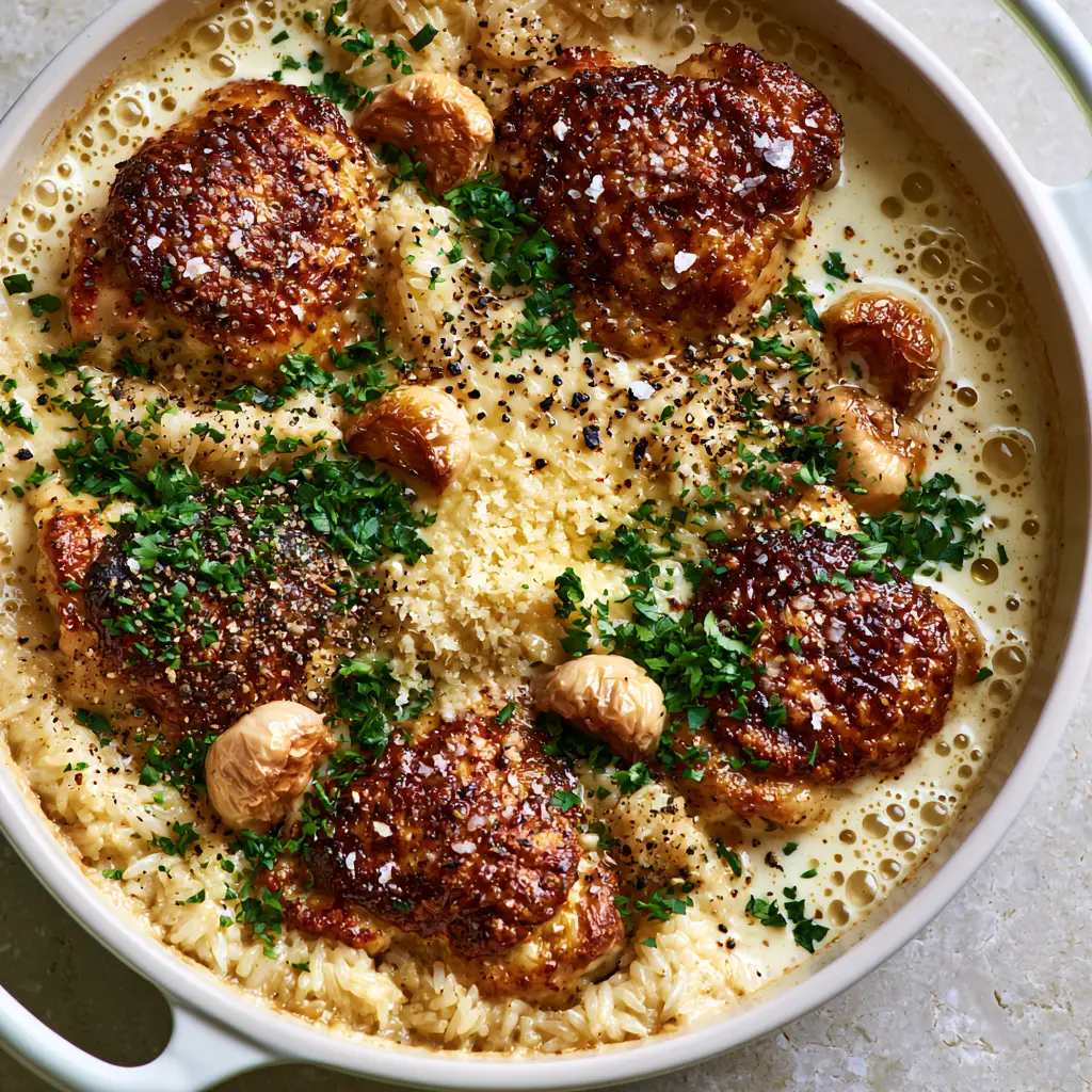 One Pot Chicken and Rice with Velvety Garlic Cream Sauce 2 A close up of bubbling garlic cream sauce and crispy seared chicken thighs in a white ceramic pot. (one pot chicken and rice)