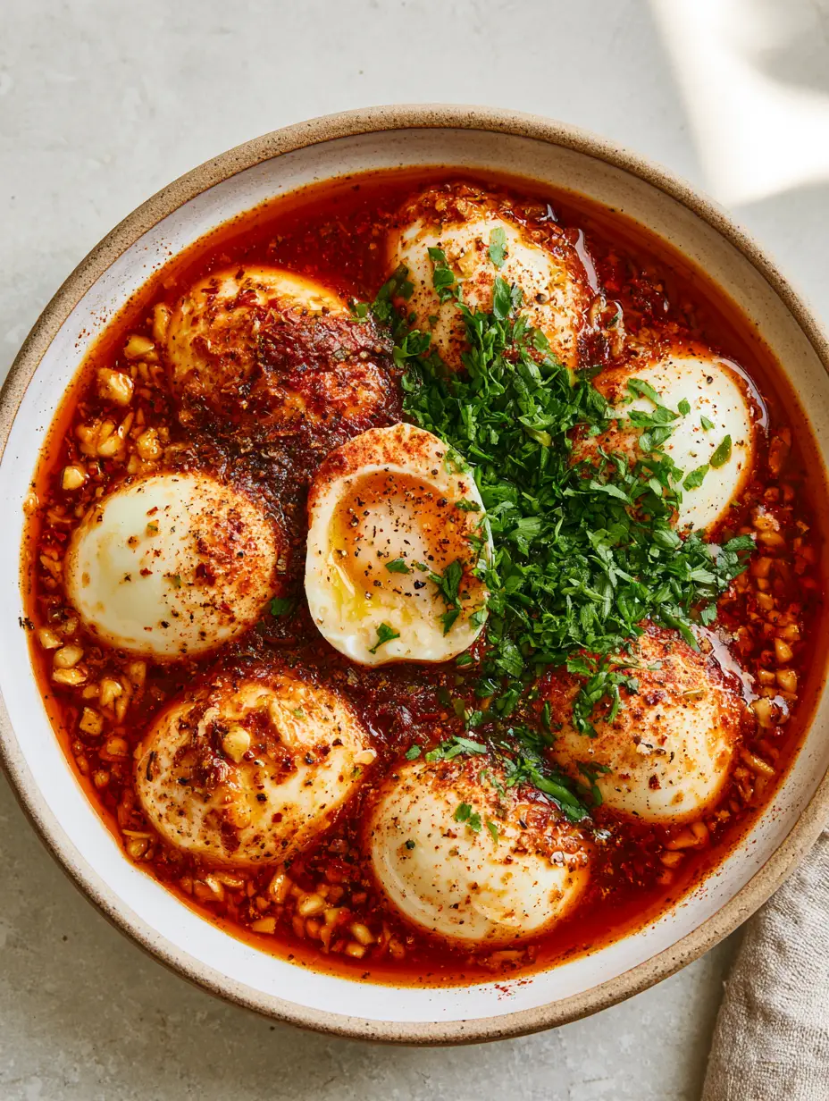TikTok Egg Boil Recipe: The Ultimate Shimmering Cajun Butter Sensation 3 High-angle photo of six hard-boiled eggs in a shimmering deep-red Cajun butter sauce with garlic and parsley. (TikTok egg boil)