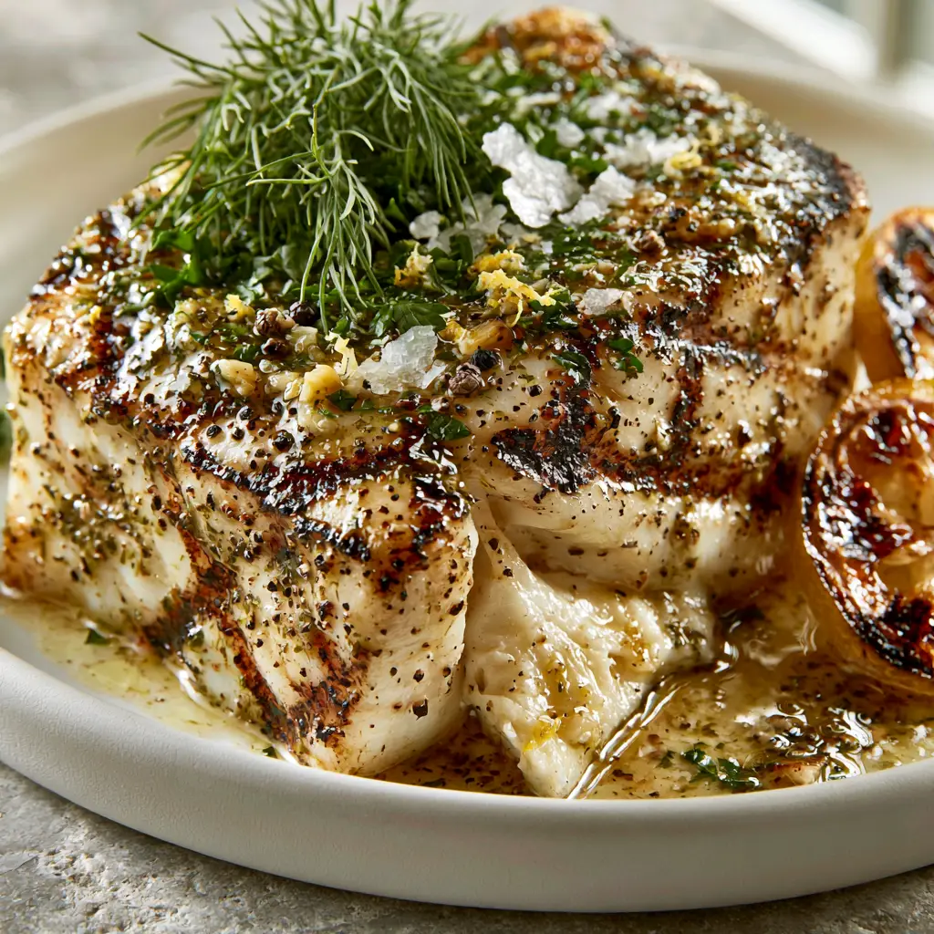 Grilled Halibut Recipe with Zesty Herb Butter and Charred Lemons 1 45-degree angle close-up of a grilled halibut steak showing a buttery interior flake and caramelized lemon wheels.