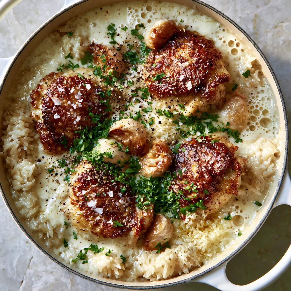 One Pot Chicken and Rice with Velvety Garlic Cream Sauce 1 Whole roasted garlic cloves and fresh parsley scattered over one pot chicken and rice.