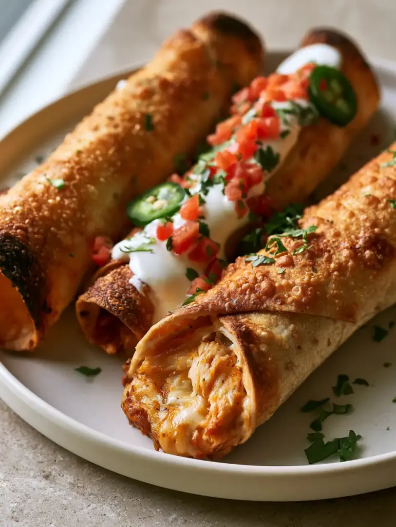 Baked Cream Cheese Chicken Taquitos: The Ultimate Extra Crispy Flour Tortilla Recipe 1 Top down macro shot of taquitos with artful crema drizzle and vibrant diced Roma tomatoes and cilantro.