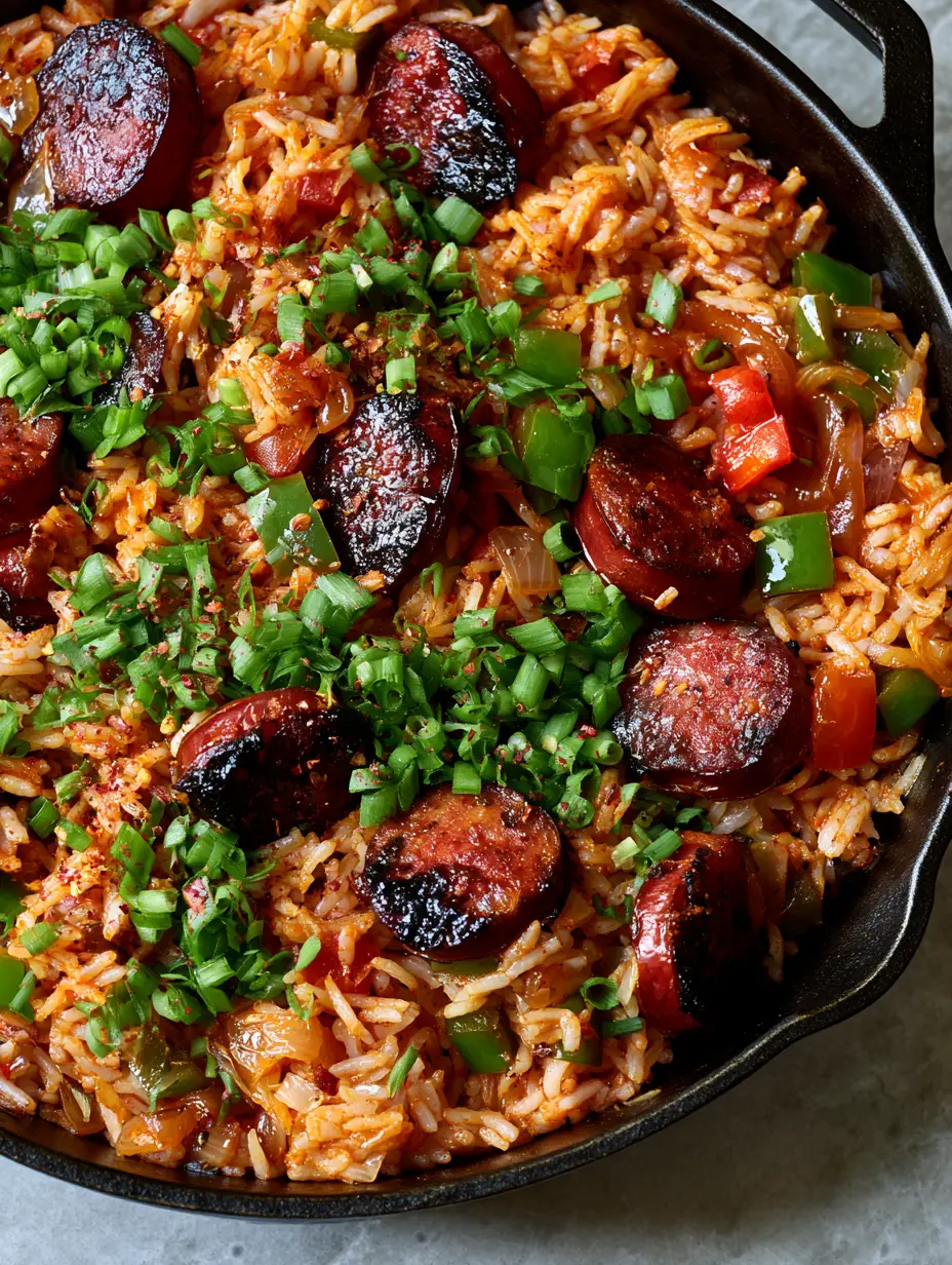 Macro shot of seared smoked sausage rounds and orange-stained rice in a black skillet. (smoked sausage and rice)