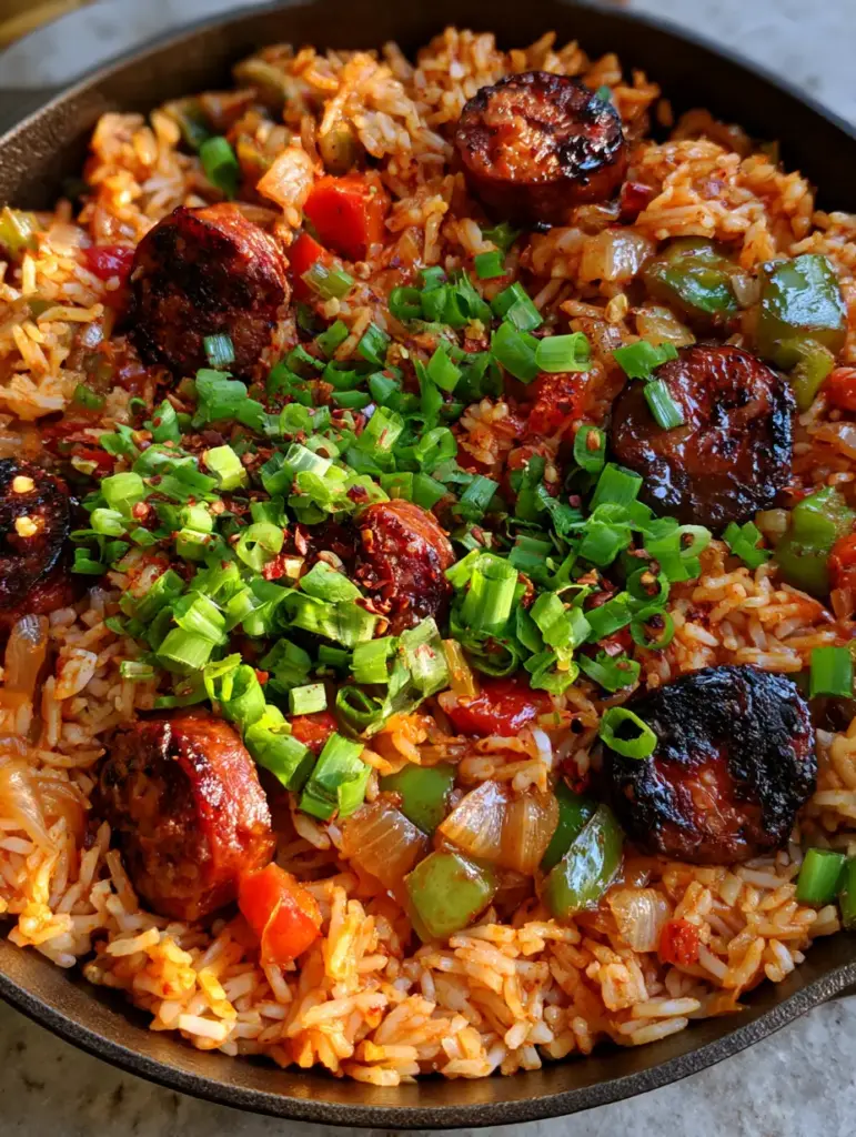 High-resolution view of fluffy rice with red and green peppers and smoked sausage. (smoked sausage and rice)