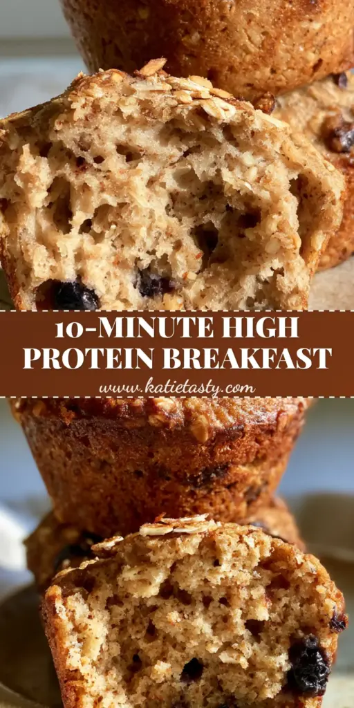 Fuel to Go Muffins: The Ultimate High-Protein Blueberry and Dark Chocolate Chip Oatmeal Bake 4 A stack of three fuel to go muffins on a rustic plate showing rolled oats, blueberries, and a drizzle of almond butter.