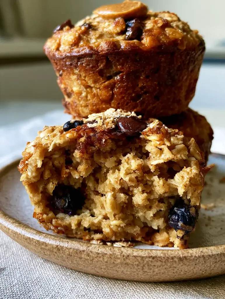 Fuel to Go Muffins: The Ultimate High-Protein Blueberry and Dark Chocolate Chip Oatmeal Bake 2 A close-up handheld shot of fuel to go muffins stacked on a ceramic plate with soft natural lighting.