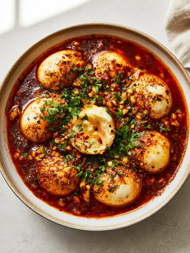 TikTok Egg Boil Recipe: The Ultimate Shimmering Cajun Butter Sensation 1 Close-up of a sliced egg with a jammy custard-like yolk nestled in thick Cajun garlic butter. (TikTok egg boil)