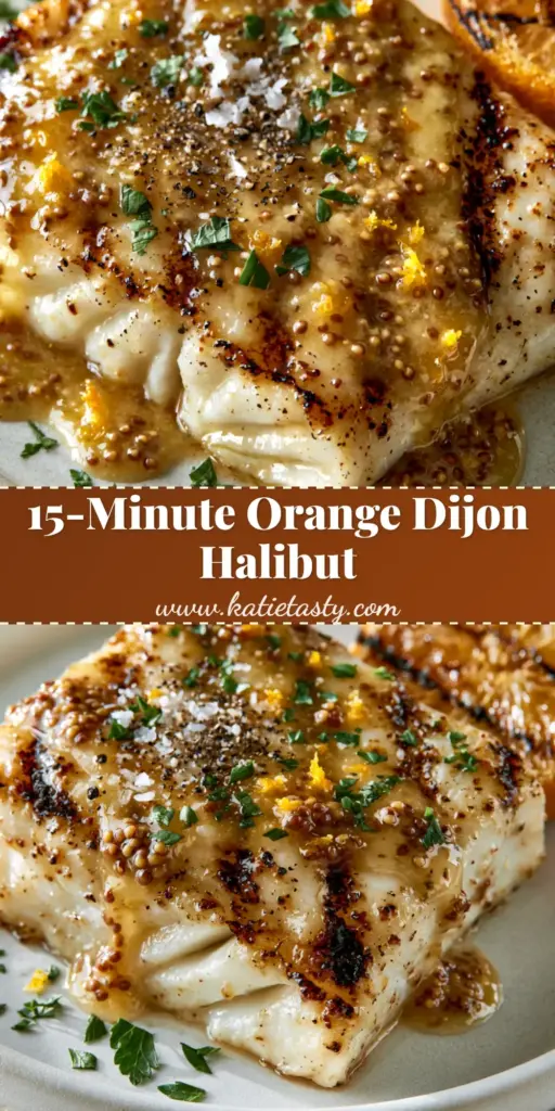 A close-up macro shot of Orange Dijon Grilled Halibut with thick honey-gold glaze, mustard seeds, and fresh parsley on a white plate.