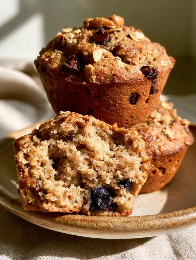 Fuel to Go Muffins: The Ultimate High-Protein Blueberry and Dark Chocolate Chip Oatmeal Bake 1 One fuel to go muffin broken open revealing a steaming moist interior with blueberries and chocolate chips.