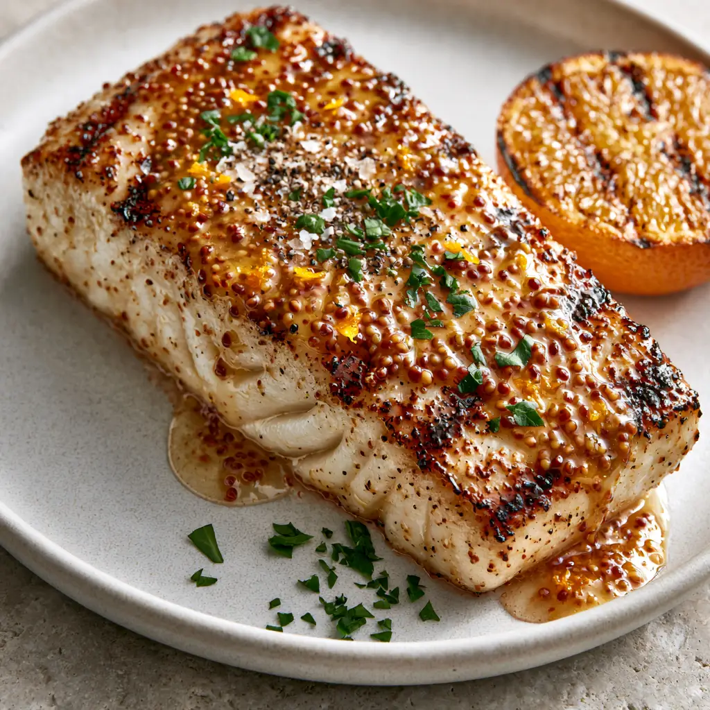Macro view of glossy orange dijon glaze and whole grain mustard seeds on grilled fish.
