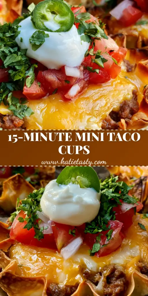 Mini Taco Cups recipe: Crispy Wonton Shells with Seasoned Beef and Lime Crema 4 Close-up of crispy Mini Taco Cups recipe with golden wonton shells, melted cheese, and fresh lime crema in a muffin tin.
