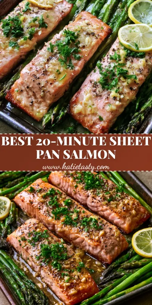 A dark rustic metal sheet pan with three seared Atlantic salmon fillets glazed in lemon garlic butter and surrounded by blistered asparagus. (Sheet Pan Lemon Garlic Butter Salmon)