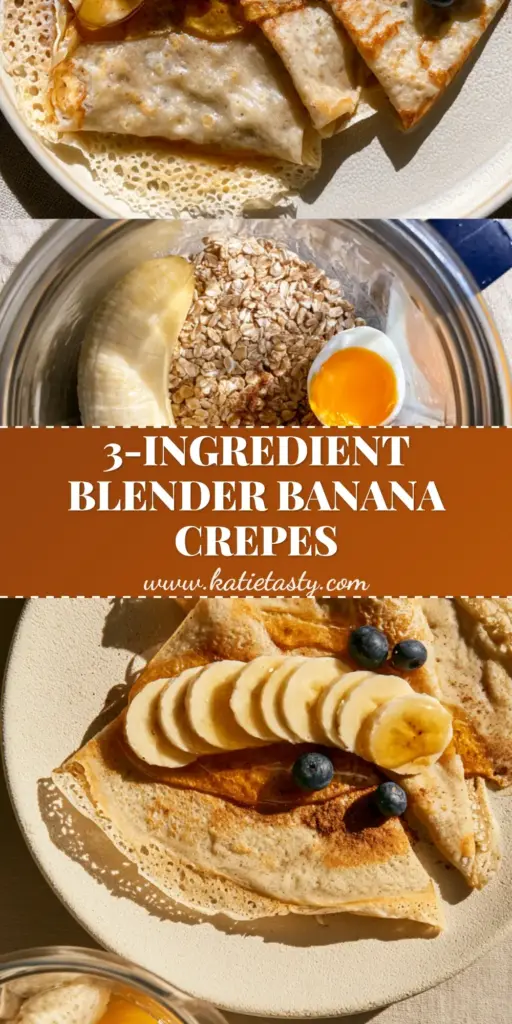 Three golden-brown Blender banana oat crepes folded into triangles with fresh banana slices and honey drizzle on a cream plate.