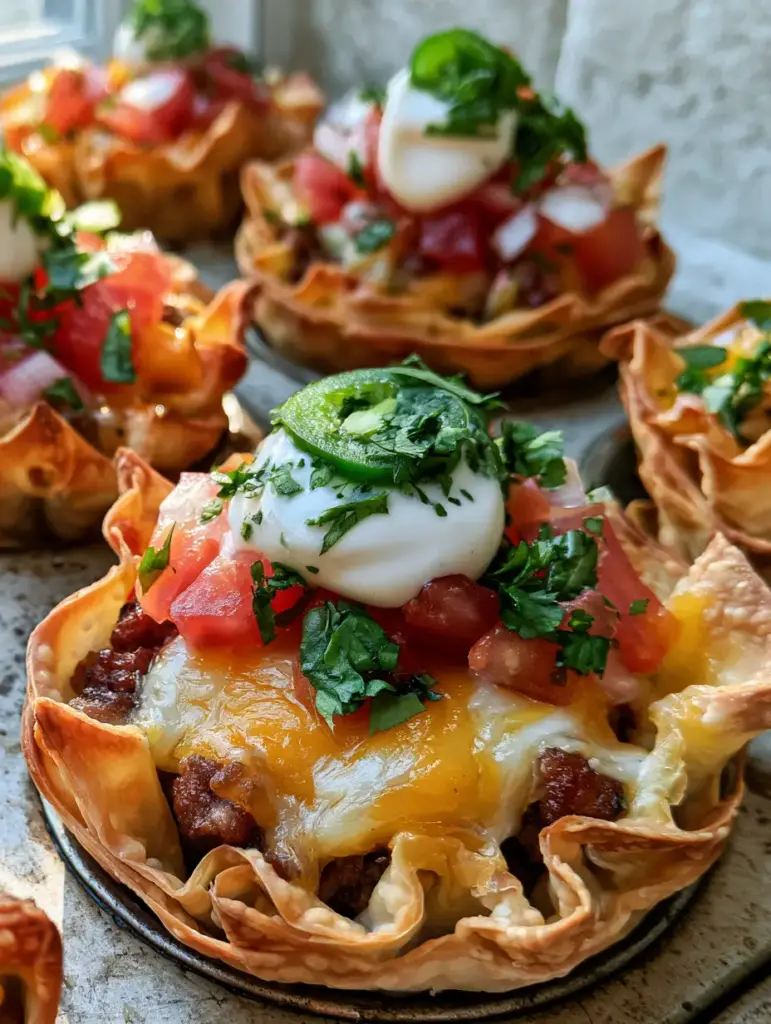 Mini Taco Cups recipe: Crispy Wonton Shells with Seasoned Beef and Lime Crema 2 A close-up of a Mini Taco Cups recipe showing bubbling cheese and fresh pico de gallo toppings.