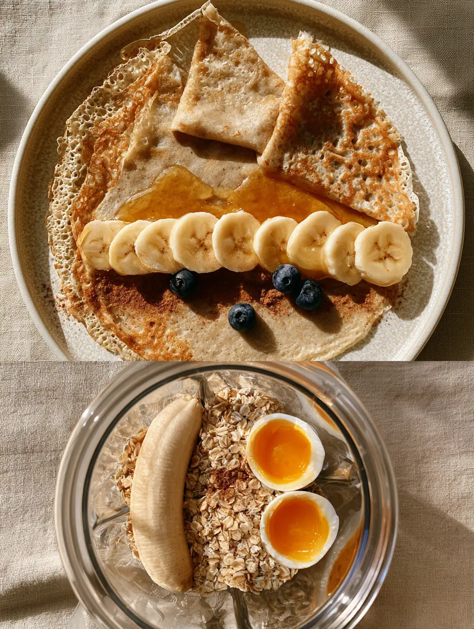 Split screen showing blender ingredients (oats, eggs, banana) and the finished Blender banana oat crepes.