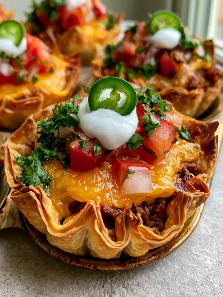 Mini Taco Cups recipe: Crispy Wonton Shells with Seasoned Beef and Lime Crema 1 Handheld shot of a finished Mini Taco Cups recipe with lime crema and serrano pepper slices.