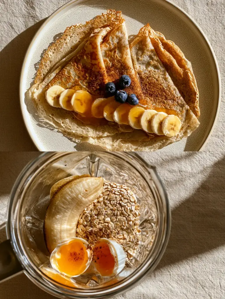 Close up of lacy toasted edges on Blender banana oat crepes with honey and blueberries.