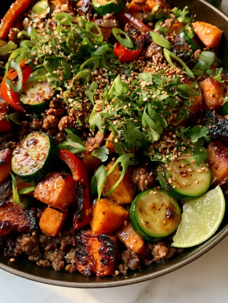Garnished paleo skillet with cilantro, scallions, and sesame seeds.