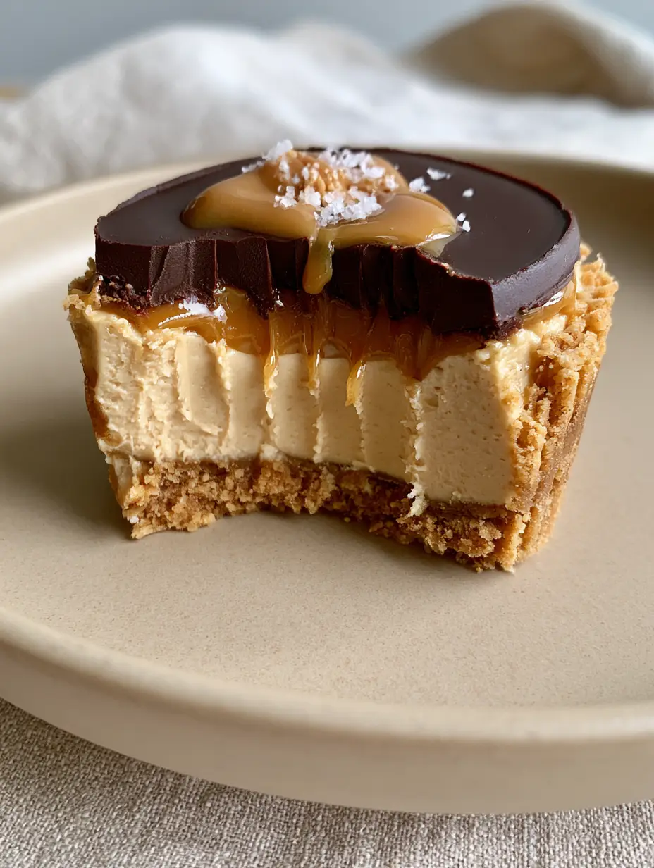 A handheld smartphone photo showing the inside cross-section of a gourmet Protein Peanut Butter Cheesecake Cup on a beige plate. (Protein Peanut Butter Cheesecake Cups)