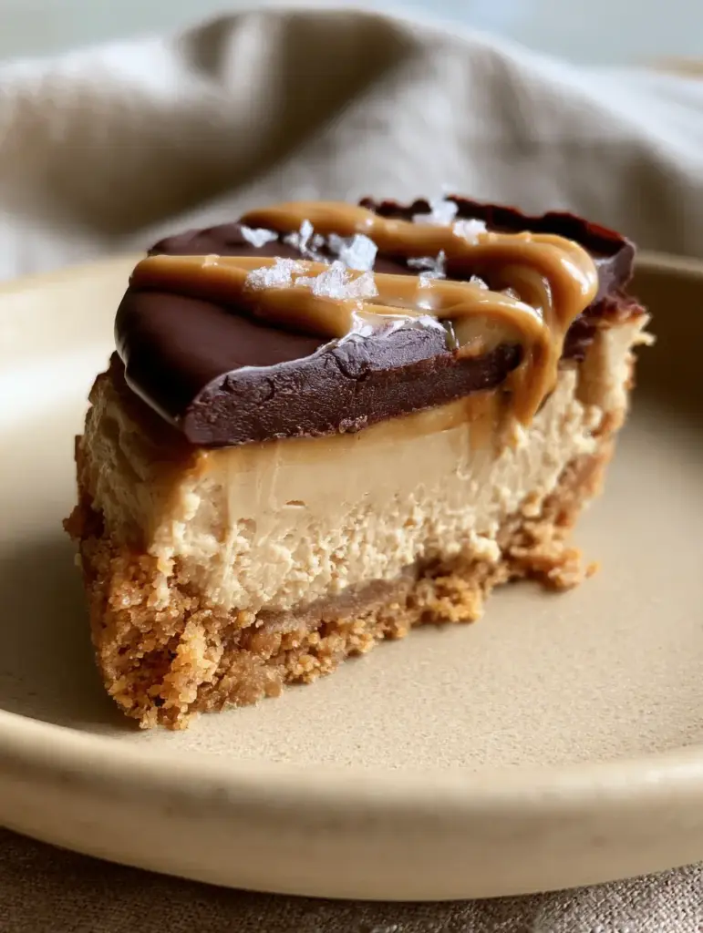 Close up of the glossy dark chocolate shell and runny peanut butter drizzle on the Protein Peanut Butter Cheesecake Cups.