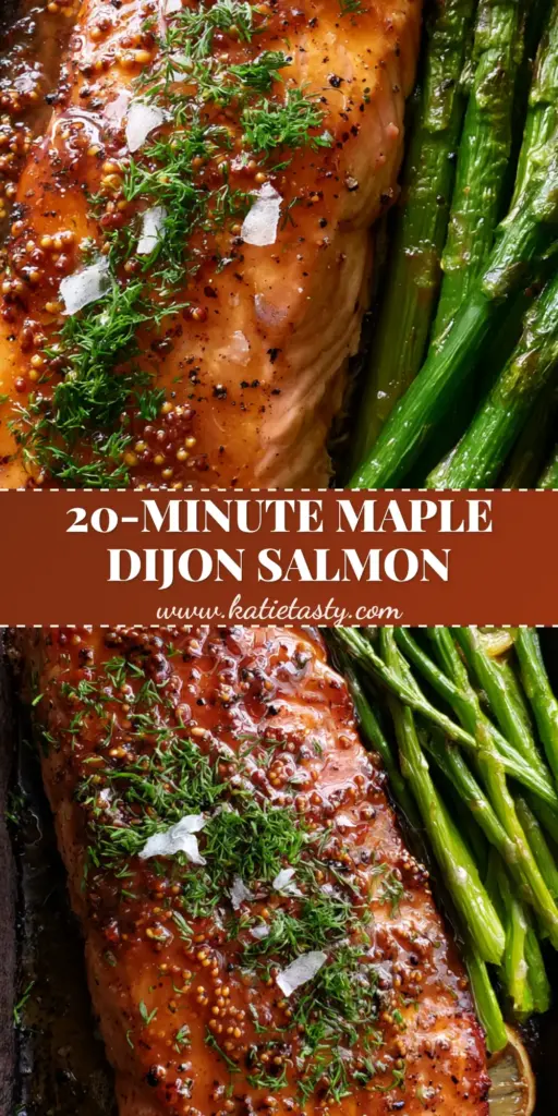 Maple dijon baked salmon with Roasted Asparagus and Charred Lemon 4 A vertical top-down photo of Maple dijon baked salmon on a dark sheet pan with asparagus and charred lemons.