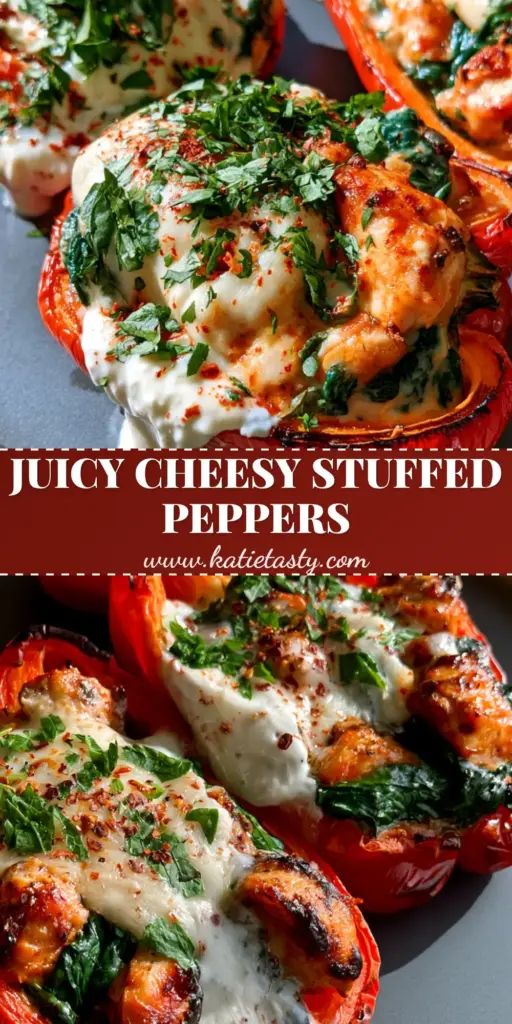 Spinach and Chicken Stuffed Peppers with Creamy Mozzarella 4 A close-up shot of spinach and chicken stuffed peppers with blistered edges, bubbling mozzarella, and a dollop of white cream sauce on a charcoal plate.