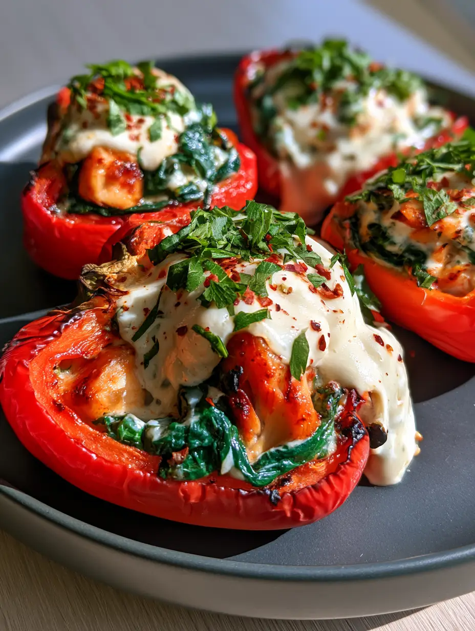 Spinach and Chicken Stuffed Peppers with Creamy Mozzarella 3 Top view of roasted red bell peppers filled with seared golden chicken and bright green spinach (spinach and chicken stuffed peppers).