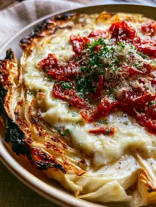 Extreme close-up of charred cabbage edges and glossy garlic parmesan cream sauce. (Marry Me Melting Cabbage)