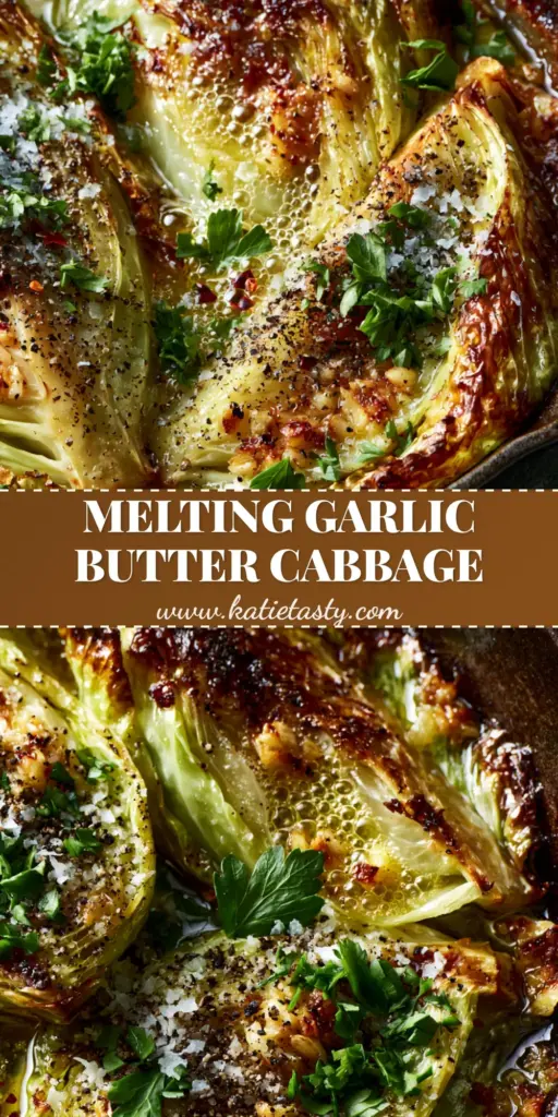 A close-up of Garlic butter melting cabbage wedges with charred edges and toasted garlic bits in a cast iron skillet.