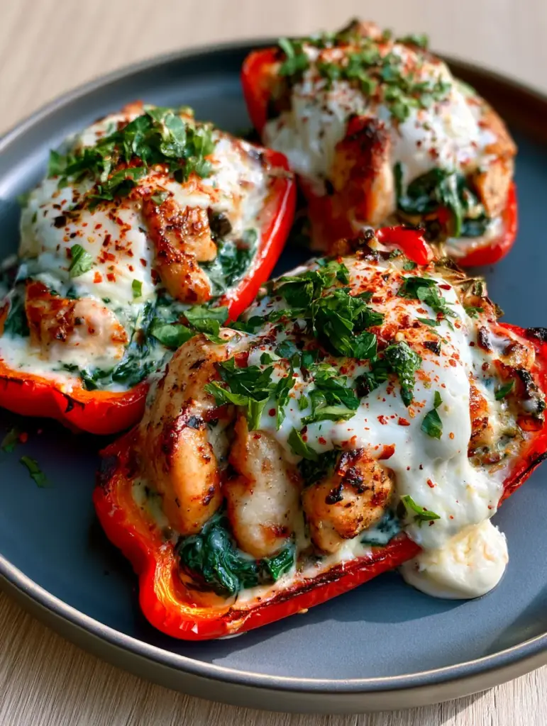 Spinach and Chicken Stuffed Peppers with Creamy Mozzarella 1 Detailed view of melted mozzarella and cream sauce dripping down a stuffed red pepper.