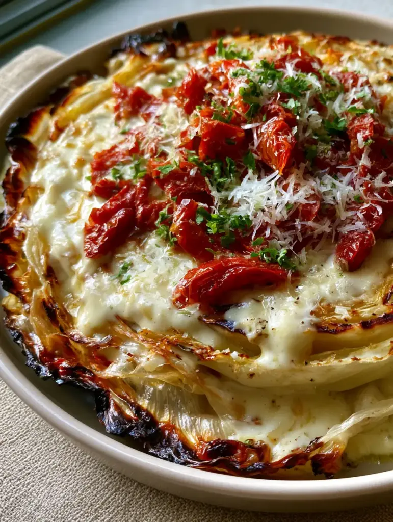 A thick-cut cabbage steak in a shallow dish topped with aged parmesan and sun-dried tomatoes.