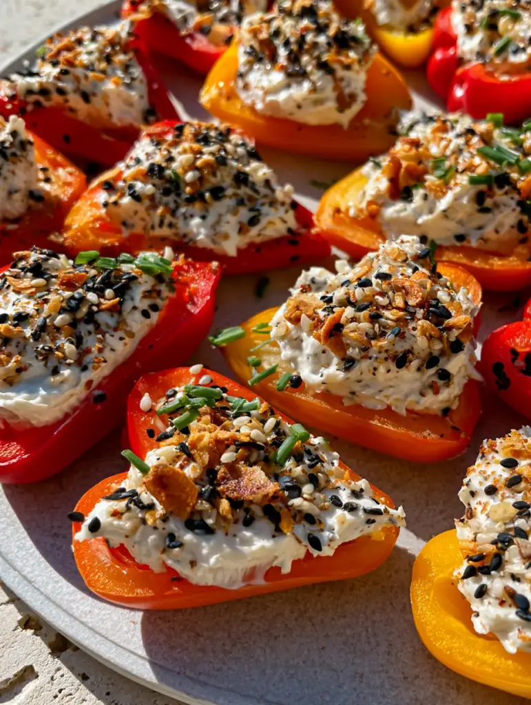 Close up of vibrant red and yellow cream cheese stuffed mini peppers showing the golden garlic flakes and poppy seeds.