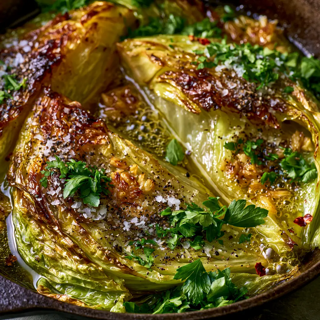 Macro view of toasted minced garlic and bubbly butter trapped between green cabbage leaves.