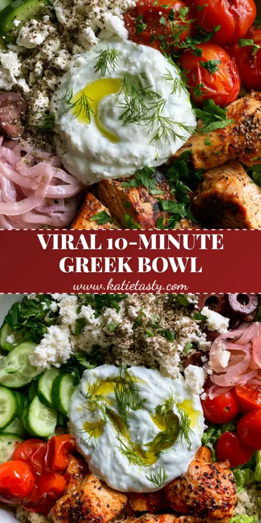 A vibrant Greek chicken and quinoa bowl with charred chicken, feta, and tzatziki. (Greek dishes)