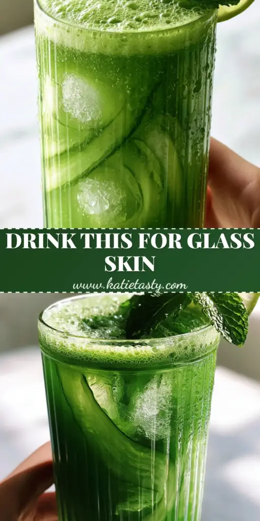 A tall ribbed glass of vibrant emerald green juice with micro-foam and cucumber ribbons. (Glow-Boosting Juice Recipes)