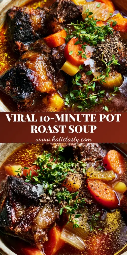 Pot Roast Soup with Tender Beef and Root Vegetables 4 An overhead shot of pot roast soup in a rustic bowl with seared beef, mahogany broth, and sourdough bread.