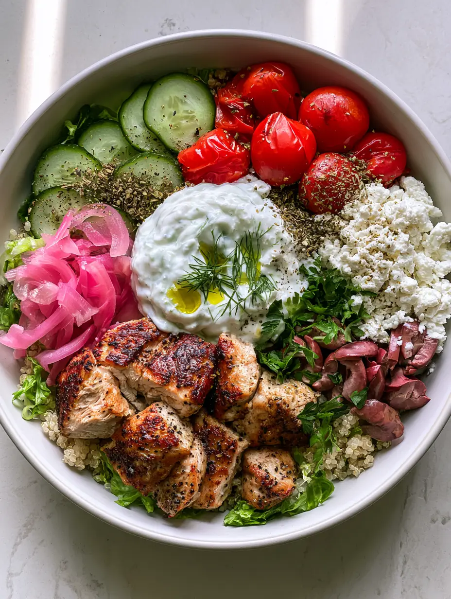 Top-down view of charred chicken breast chunks and fresh Greek toppings in a white bowl. (Greek dishes)