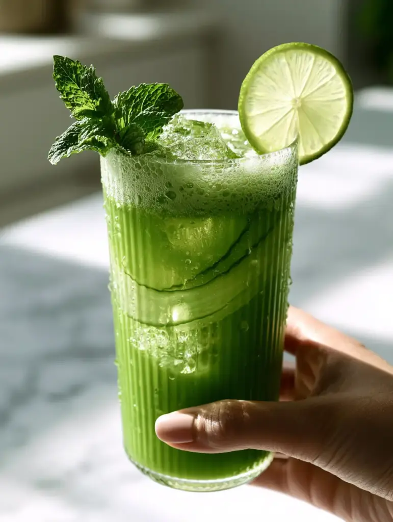 Macro photo of cold-pressed green juice showing glistening bubbles and condensation. (Glow-Boosting Juice Recipes)