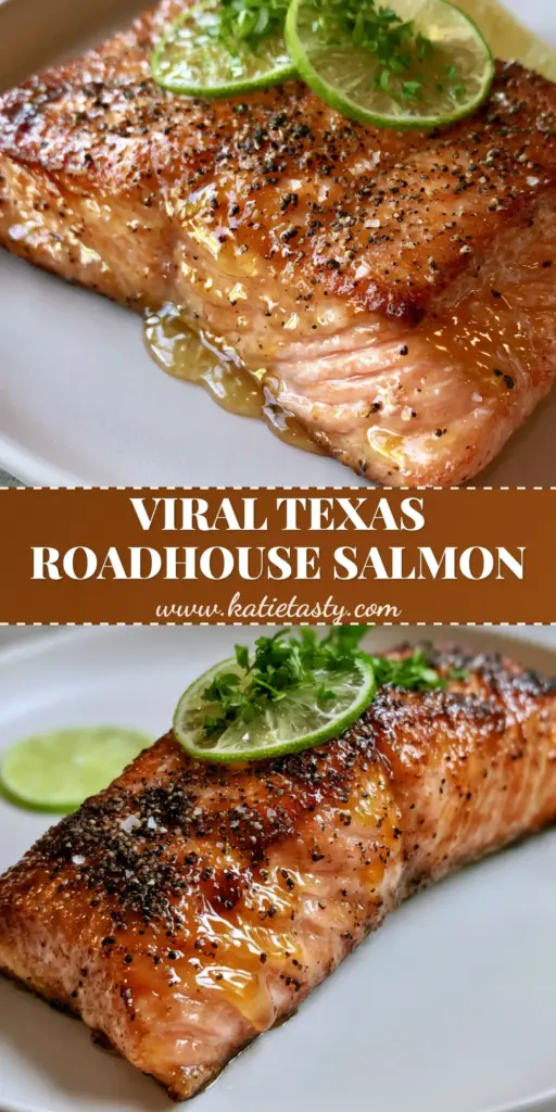 A thick, center-cut Atlantic salmon fillet on a white plate, coated in glistening honey-lime glaze and coarse lemon pepper. (Texas Roadhouse style baked salmon)
