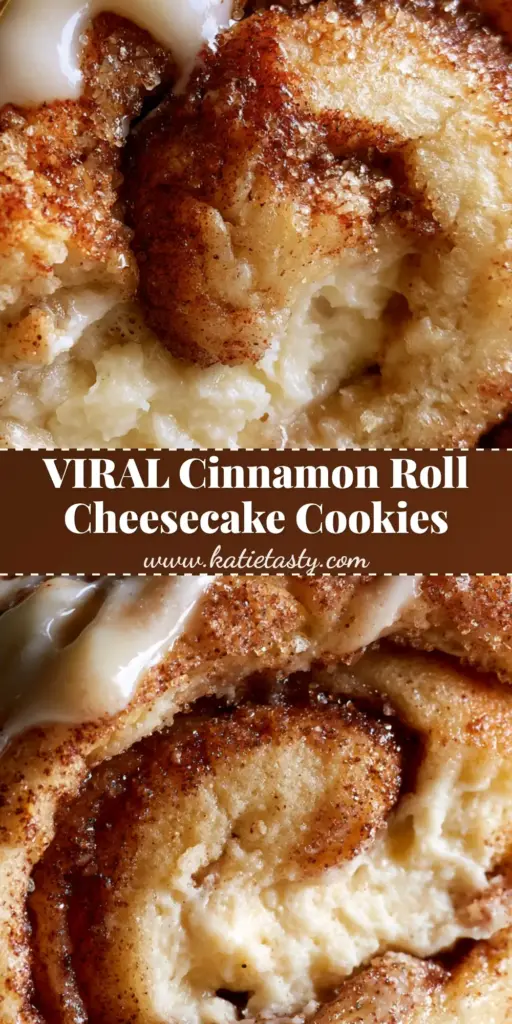 A stack of Cinnamon Roll Cheesecake Cookies showing the glossy cream cheese drizzle and sparkling cinnamon sugar dust.