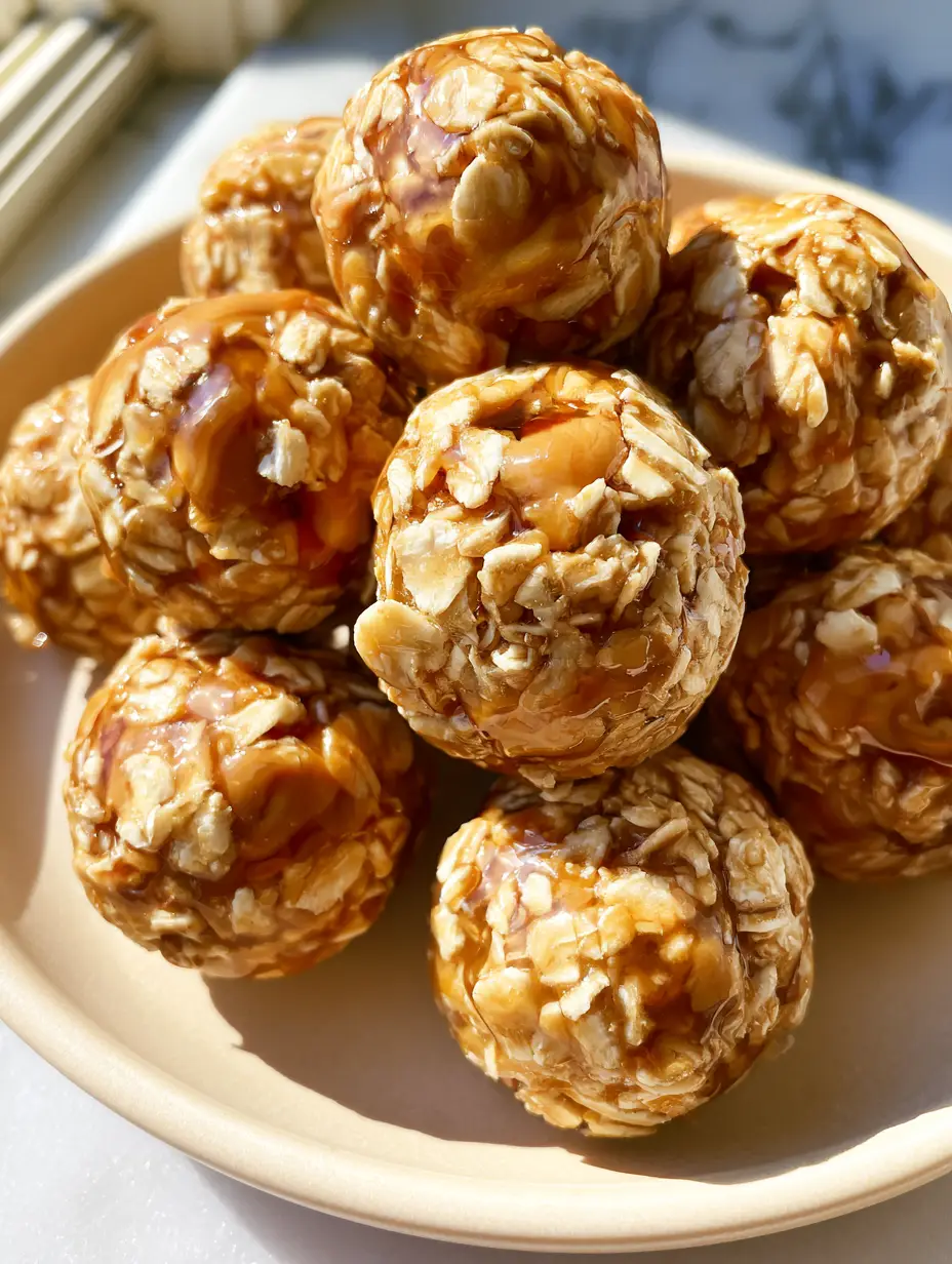 Macro photo of spherical no-bake energy bites showing chunky rolled oats and glistening honey droplets. (Homemade snacks)