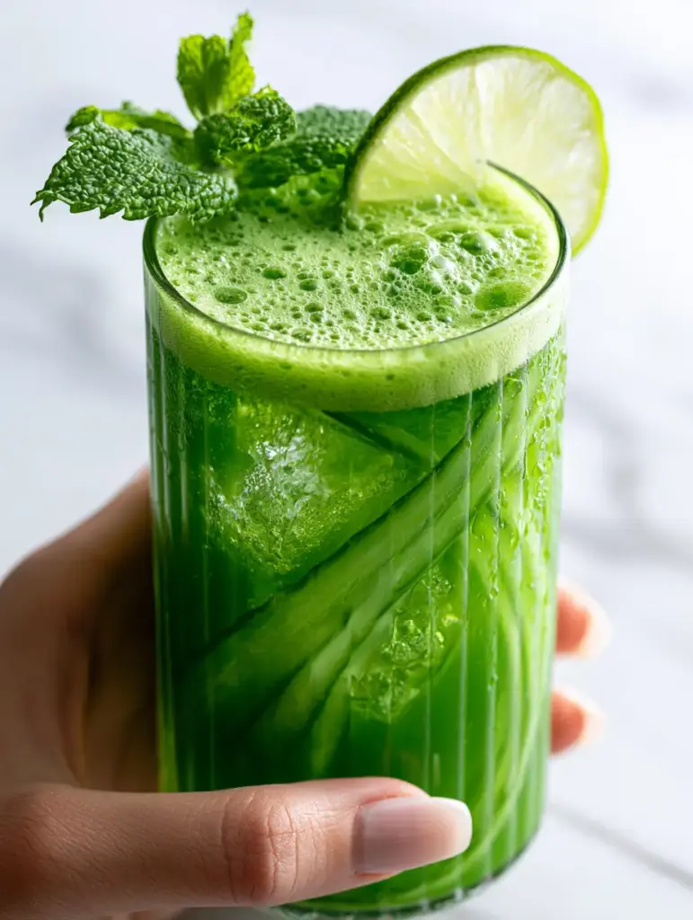 A hand holding a ribbed glass of green juice with translucent cucumber ribbons swirling inside.