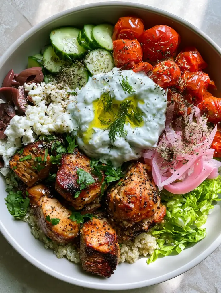 A close-up of creamy tzatziki, fresh dill, and blistered tomatoes in a Mediterranean grain bowl.
